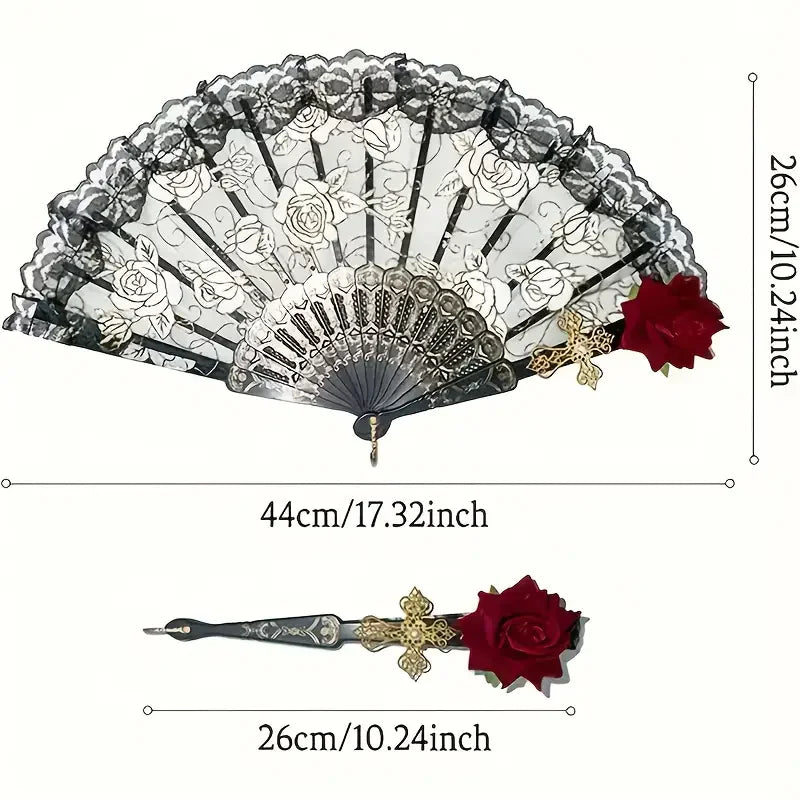 Vintage Spanish flamenco rose lace handheld fan with a dark gray and white floral pattern