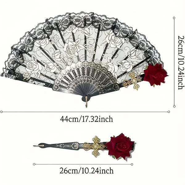 Vintage Spanish flamenco rose lace handheld fan with a dark gray and white floral pattern