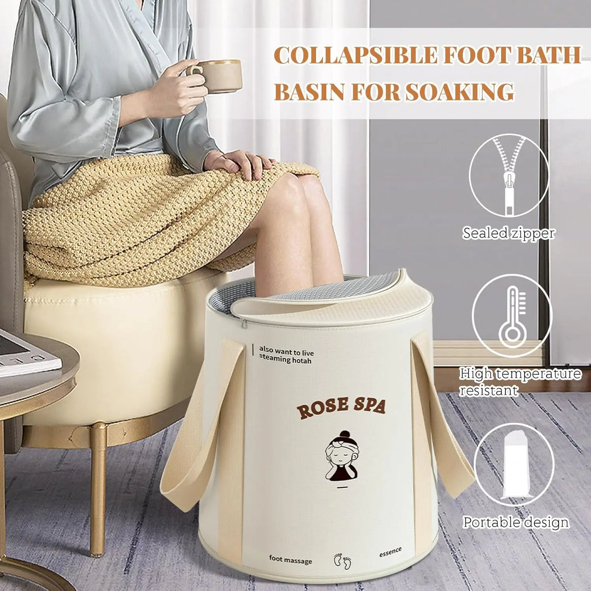 A portable rose spa foot bath basin for soaking shown next to a person, featuring a sealed zipper and high temperature resist