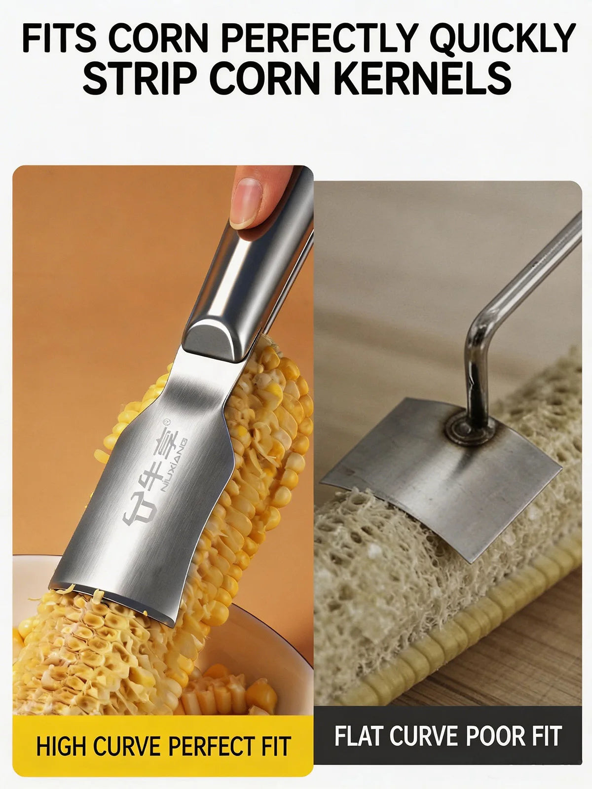 Stainless steel corn kernel remover peeler showing a perfect fit on corn kernels.