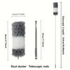 A gray and white dust duster with a telescopic rod shown next to its dimensions.