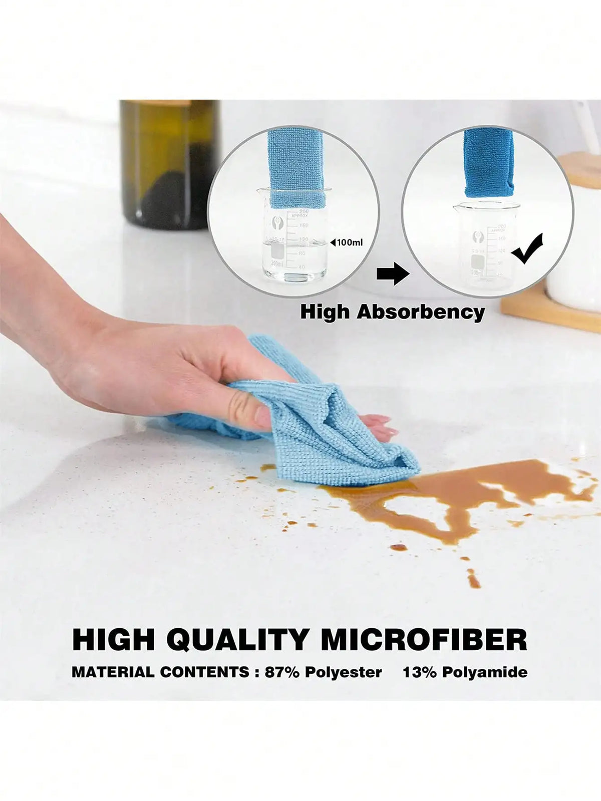 A hand is using a blue microfiber cloth to wipe up a brown liquid on a white surface, demonstrating high absorbency.