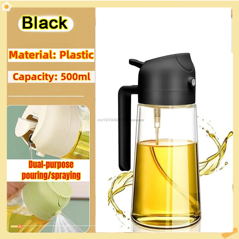 A black plastic dual-purpose oil spray bottle with a narrow spout is shown pouring yellow oil.