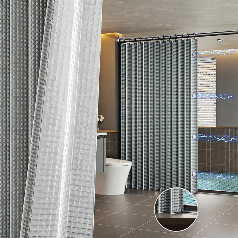 A modern bathroom featuring a magnetic shower curtain with a waffle texture and vertical blinds.