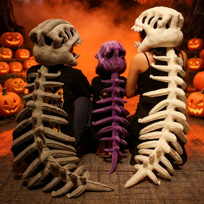 A costume set depicting realistic dinosaur skeletons, including a skull and rib cage, against an orange smoky background.