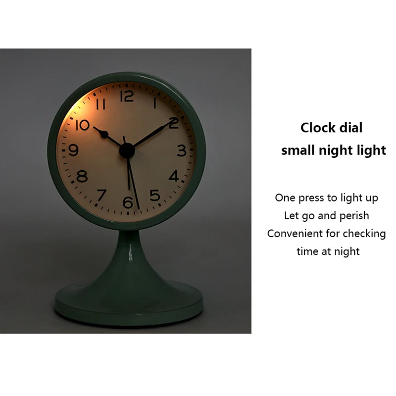 A round clock face with an orange dial and black hands, featuring a small night light function.