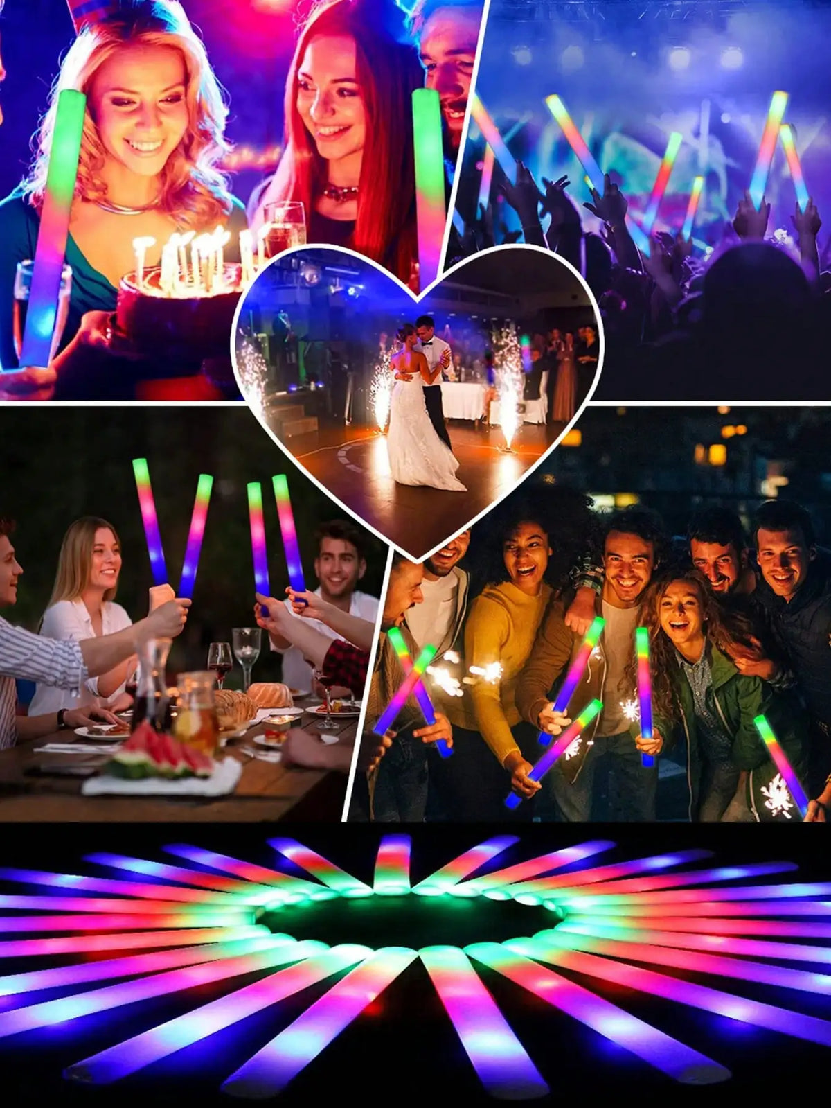 Collage von Menschen, die mit LED-Glow-Sticks und einer farbenfrohen Lichtshow feiern.