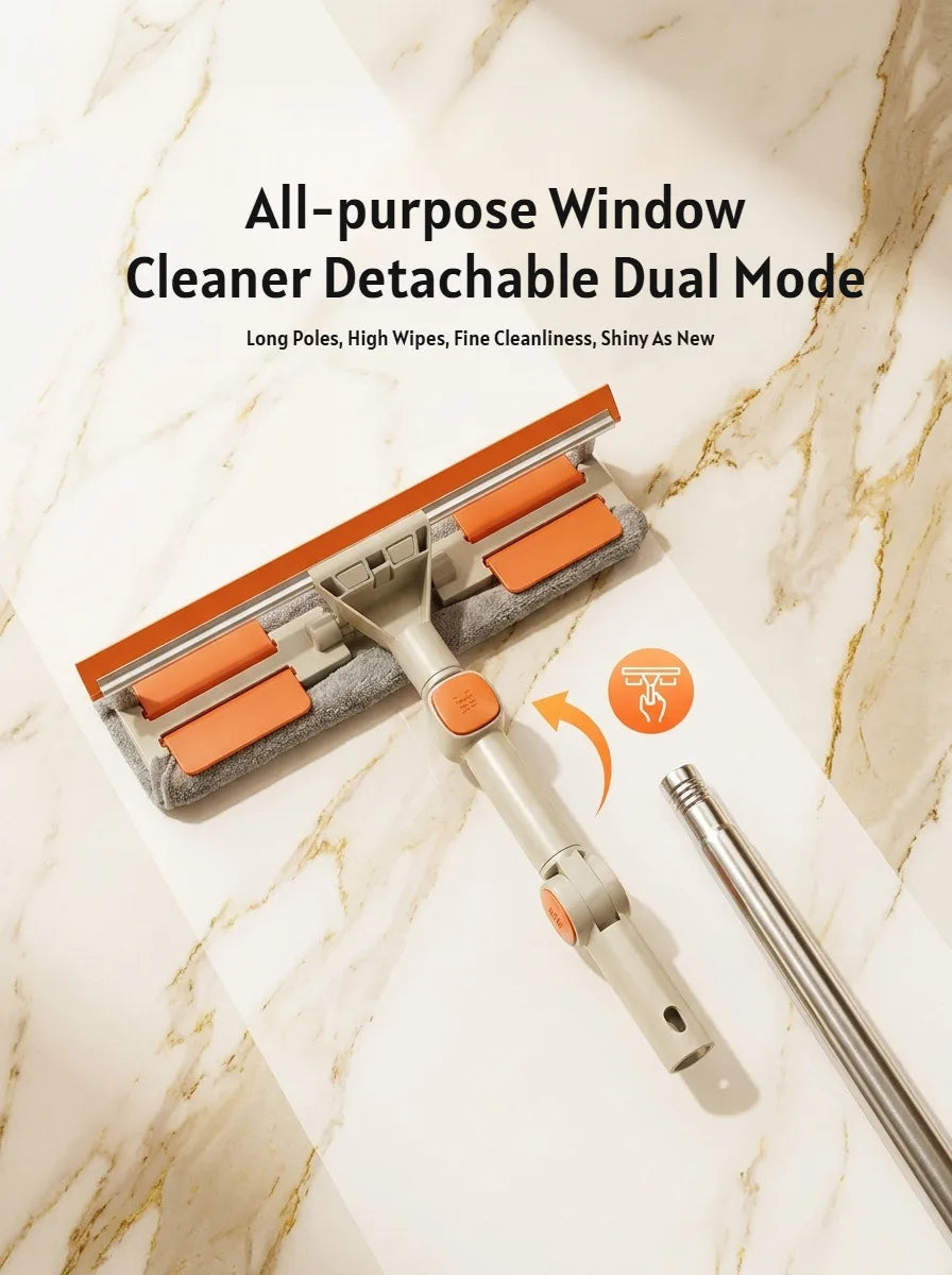 An all-purpose window cleaner featuring detachable dual mode long poles and wipes resting on a marble surface.