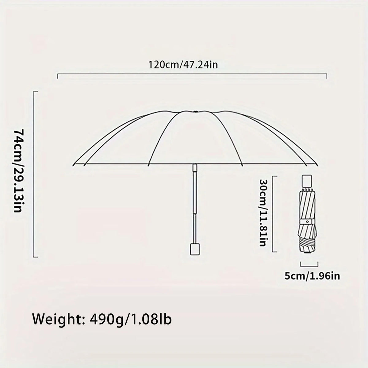 Diagramm, das die Abmessungen eines zusammenfaltbaren Regenschirms zeigt, einschließlich der Kapuzen- und Schaftlänge.