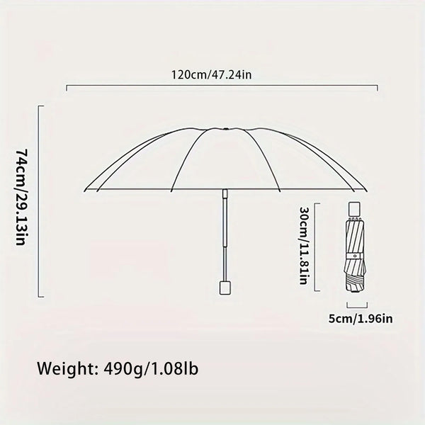 Diagram showing the dimensions of a folding umbrella, including canopy size and shaft length.