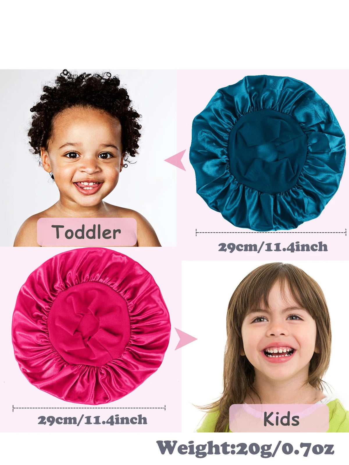 Satin sleep bonnet for toddlers and kids in pink and teal colors, weighing 20g.