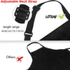 Adjustable black water-resistant bib apron with pockets shown in detail.