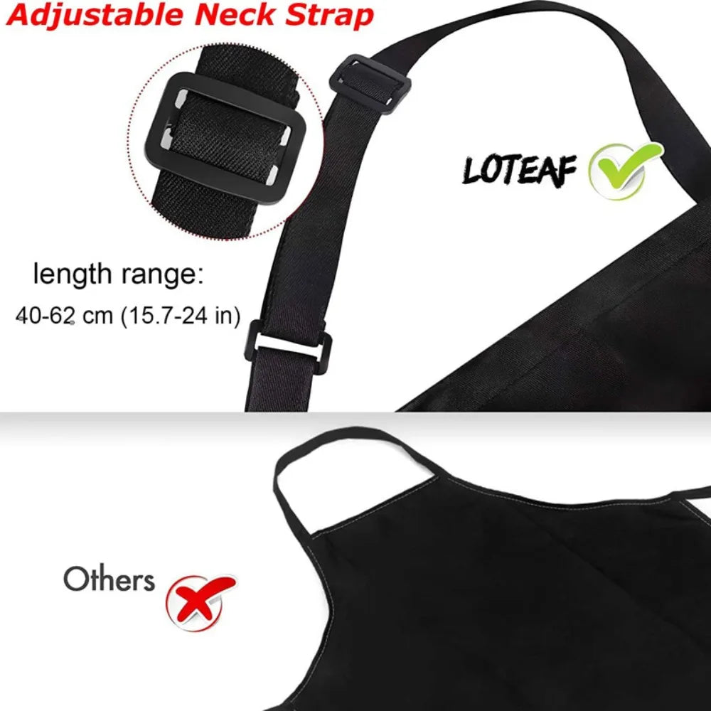 Adjustable black water-resistant bib apron with pockets shown in detail.