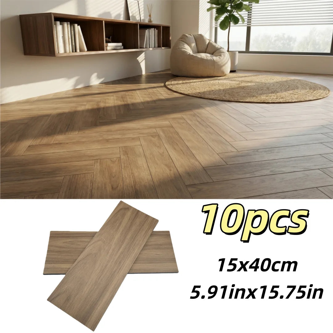 Diez piezas de calcomanías autoadhesivas de veta de madera para suelo y pared, mostradas sobre un piso de madera.