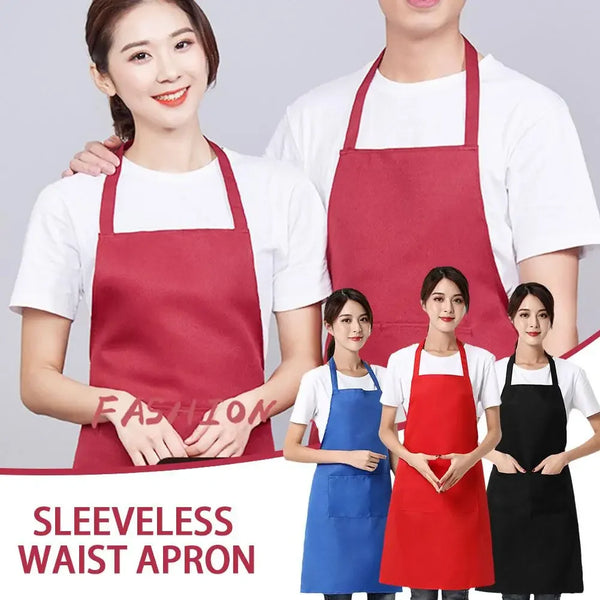 A woman and a man model a sleeveless waist apron in red, blue, and black.