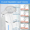 A white touchless electric soap dispenser showing four levels of adjustable liquid volume settings.