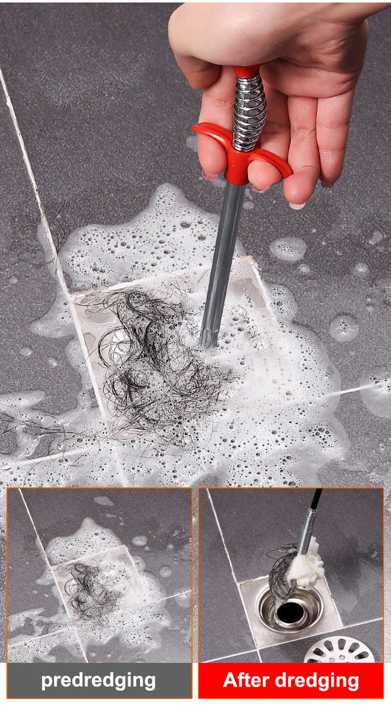 A hand uses a red drain cleaning tool to remove hair and debris from a drain, shown before and after cleaning.