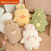 A collection of soft plush animal hot water bottles in yellow, green, and beige tones.