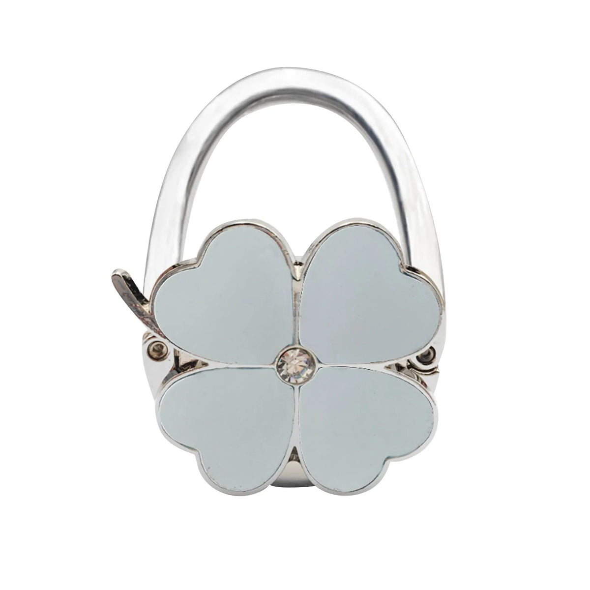 Silver foldable handbag hook with a flower-shaped clasp.