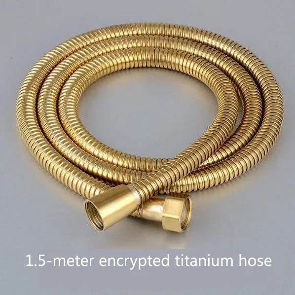 A coiled 1.5-meter encrypted titanium hose with a brass fitting.