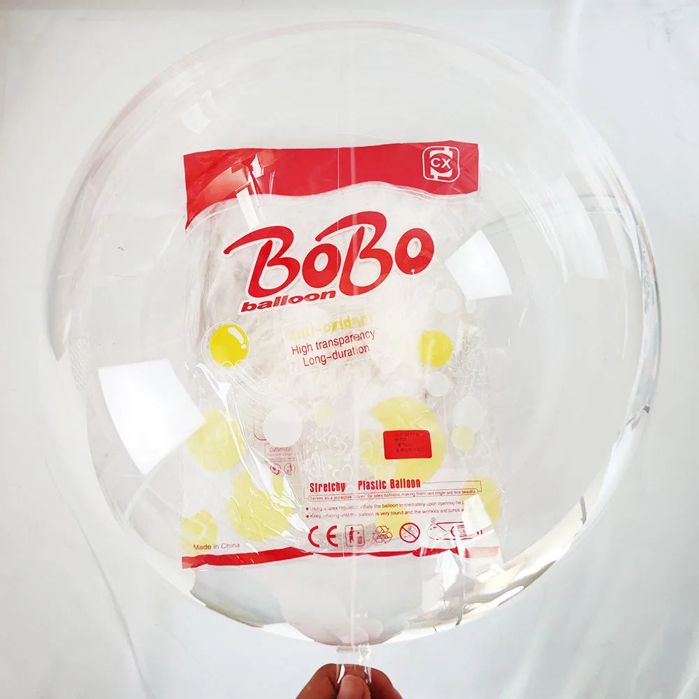 A clear latex balloon is shown against a white background, with a red label displaying the brand name BoBo balloon.