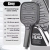 A grey handheld shower head with a textured silicone spray pattern and adjustable water outlet features include a large panel