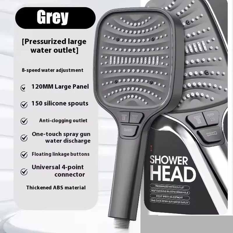 A grey handheld shower head with a textured silicone spray pattern and adjustable water outlet features include a large panel