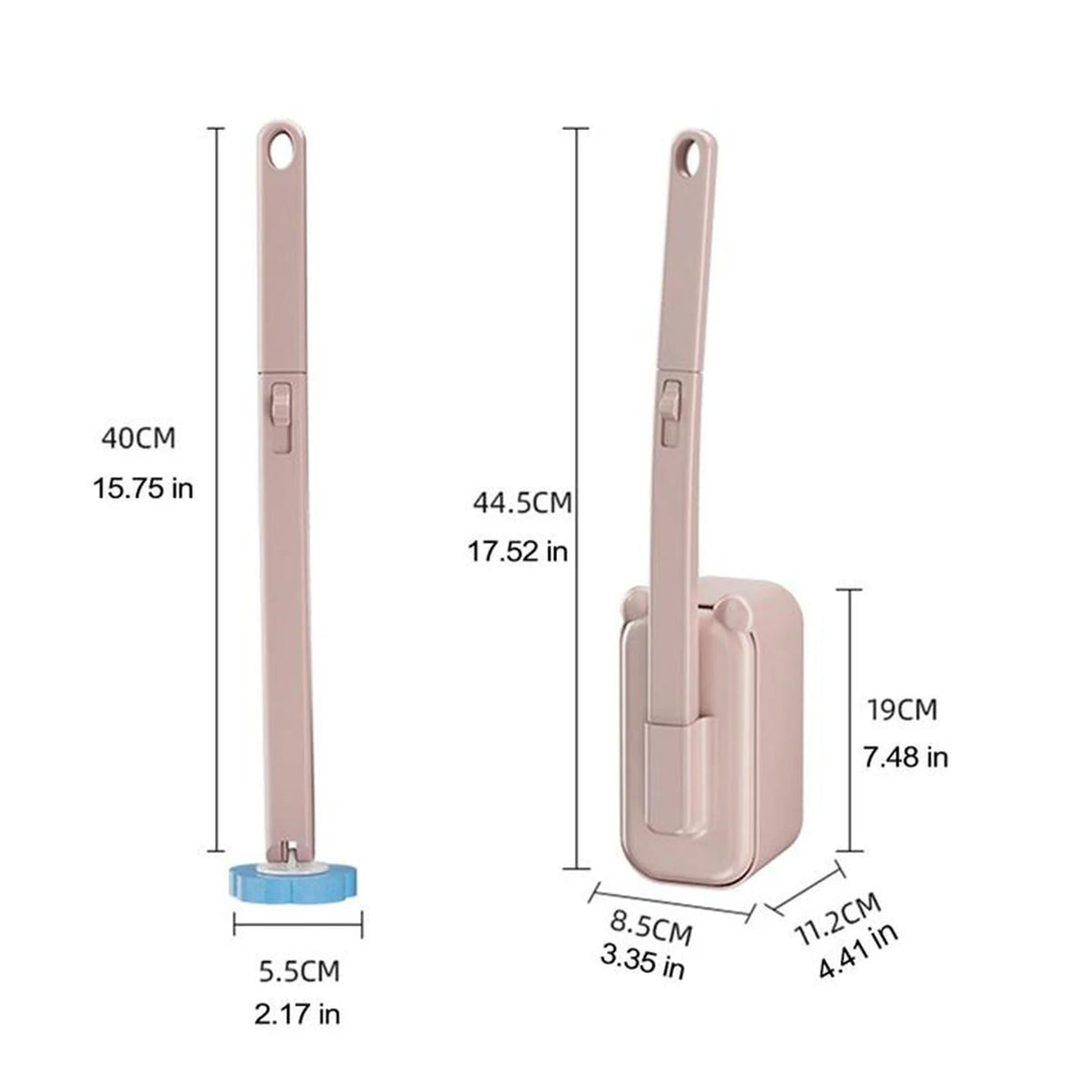 Un ensemble de brosses de toilette jetables roses fixées au mur, différentes dimensions.