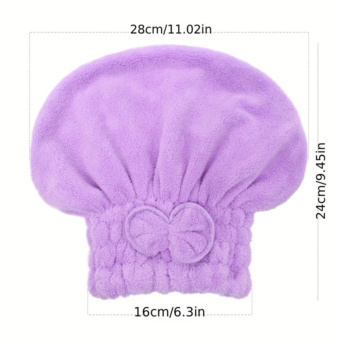 A lavender microfiber hair drying cap and towel with a ruffled design.