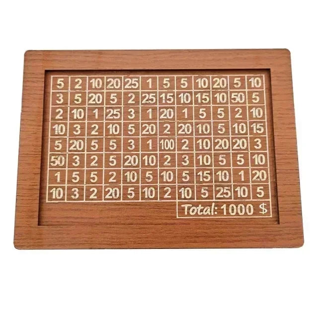 A wooden piggy bank with a grid of numbers for saving goals, showing various dollar amounts.