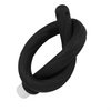 Black silicone hose of a handheld bidet sprayer coiled and attached to a white nozzle.
