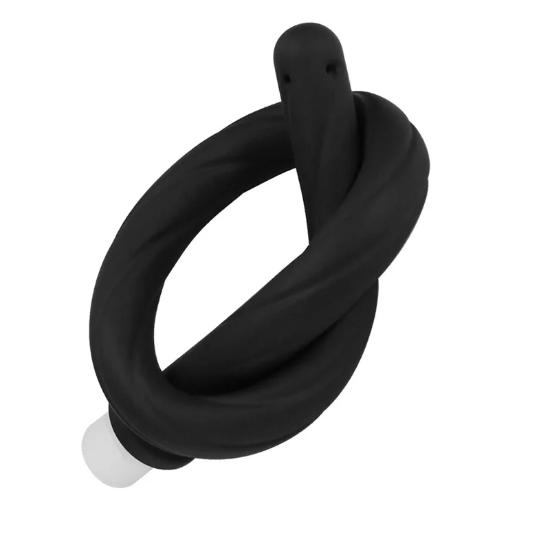 Black silicone hose of a handheld bidet sprayer coiled and attached to a white nozzle.