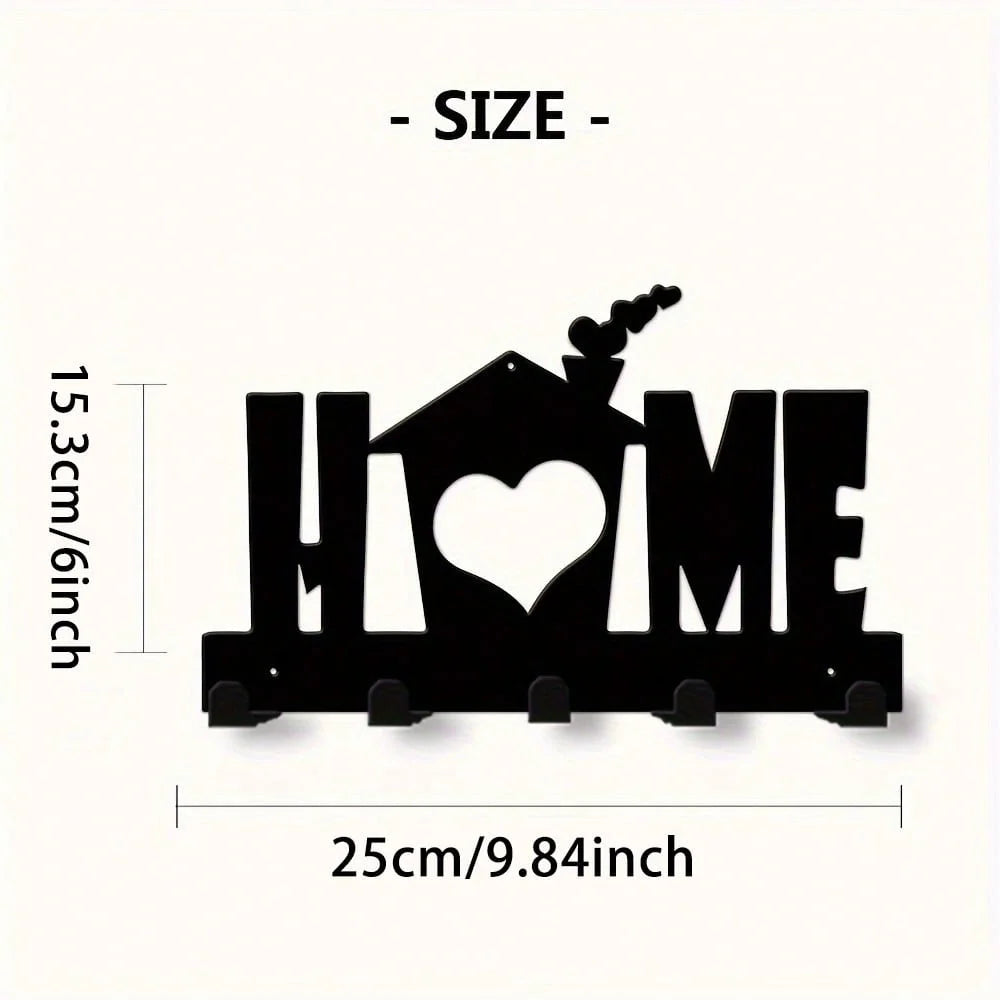 Black rustic metal wall hook key holder shaped like a house with a heart cutout.