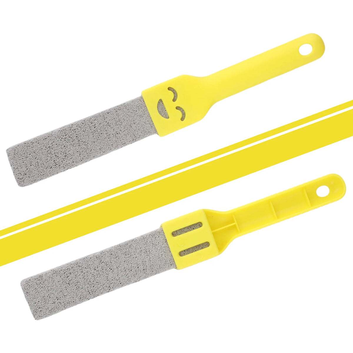 A yellow natural pumice toilet cleaning brush with a handle and bristles.
