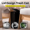 A black lid design trash can is shown next to a wooden chair, with various waste items visible in inset circles.
