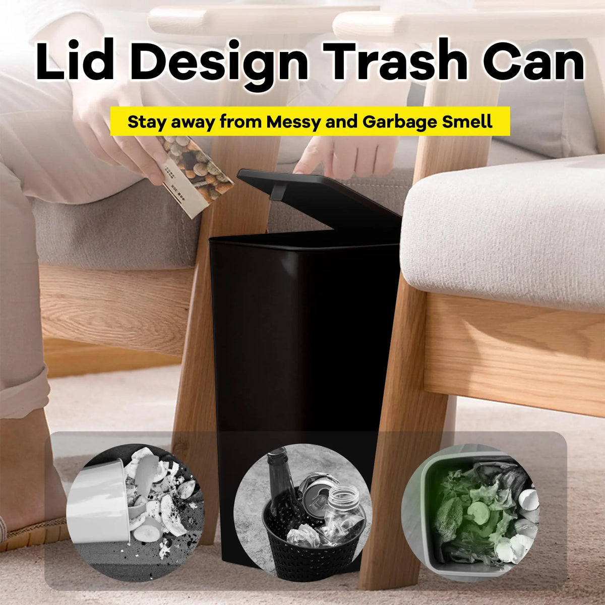 A black lid design trash can is shown next to a wooden chair, with various waste items visible in inset circles.