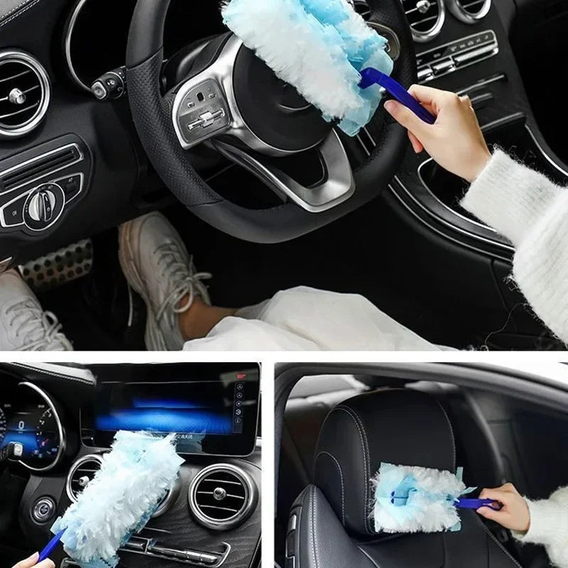 A hand is using a blue electrostatic duster refill on a car steering wheel and interior surface.