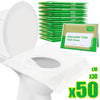 A stack of green disposable toilet seat covers next to a white toilet seat cover.