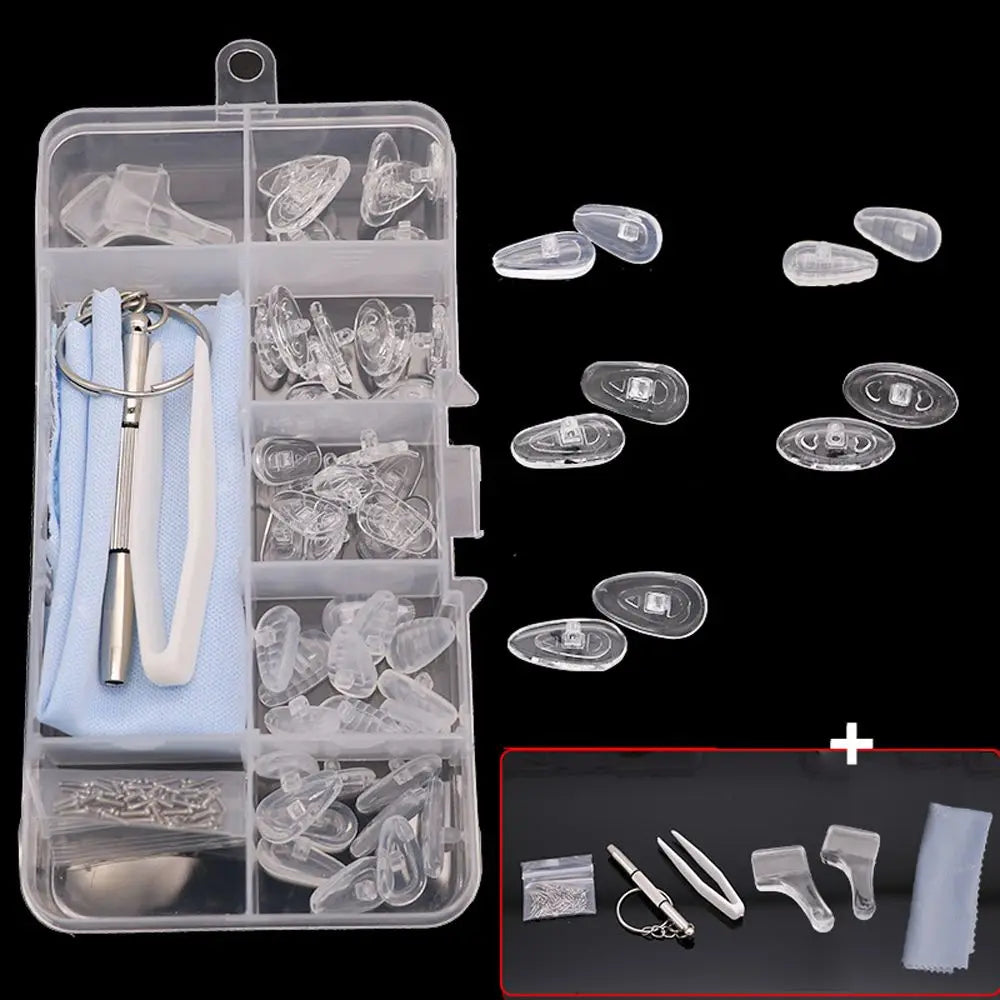 A clear plastic kit containing precision glasses repair tools including a screwdriver, various small tools, and replacement p