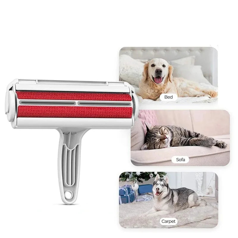 A manual pet hair remover roller shown with various applications on a white background.