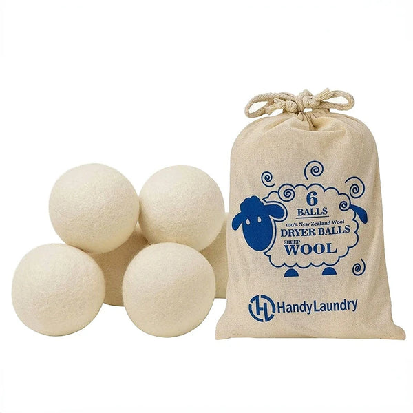 A beige cloth bag filled with six wool dryer balls for laundry