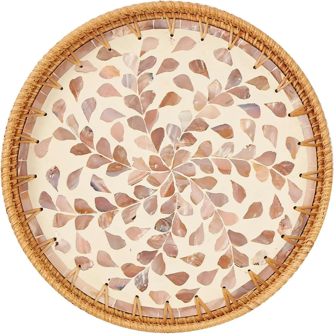 Round rattan serving tray featuring a mother of pearl inlay design in shades of pink and beige.