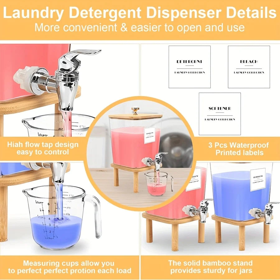 Stainless steel laundry detergent dispenser with measuring cups and waterproof labels for easy use