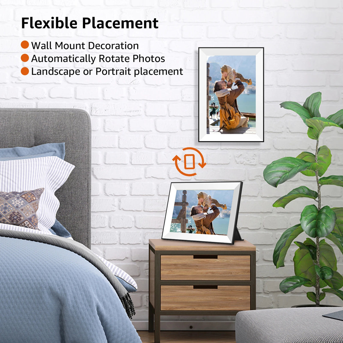 A digital photo frame displaying a landscape or portrait, shown in a living room setting.