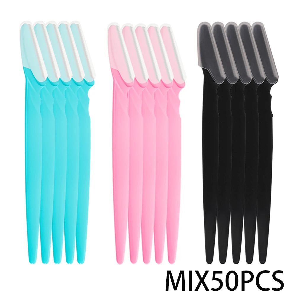 A set of 50 multi-purpose eyebrow razors in light blue, pink, and black colors.