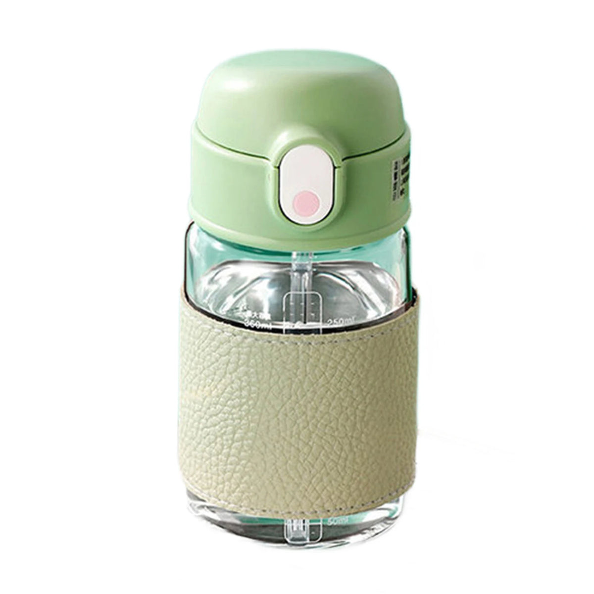 Gobelet à paille en acier inoxydable portable avec une balance, couvercle vert clair et base beige texturée.