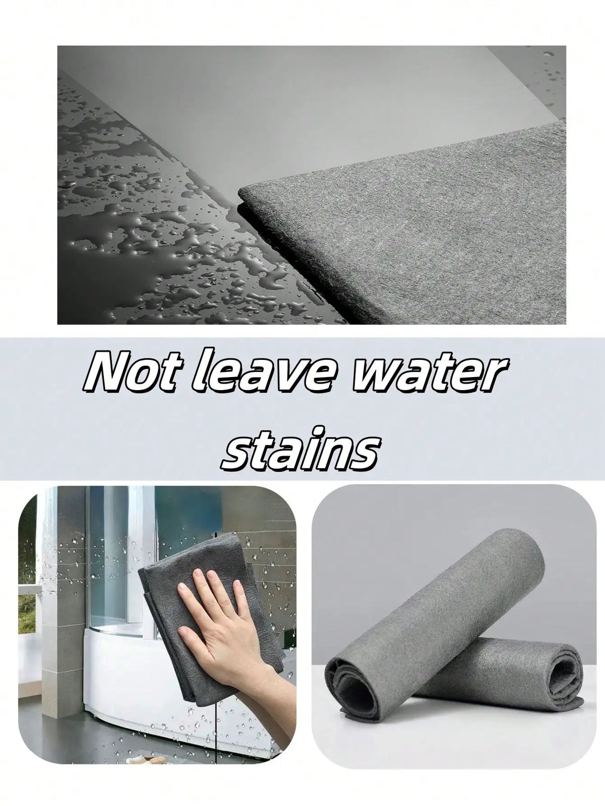 A hand is wiping a surface with a gray microfiber cloth, demonstrating that the product does not leave water stains.