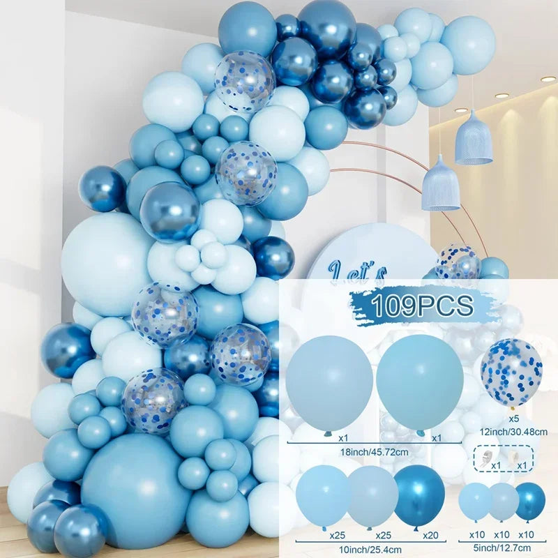 A large blue and light blue round foil balloon garland featuring various sizes and colors for decoration.