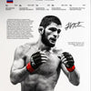 Black and white portrait of Khabib Nurmagomedov in a fighting stance wearing UFC gloves.