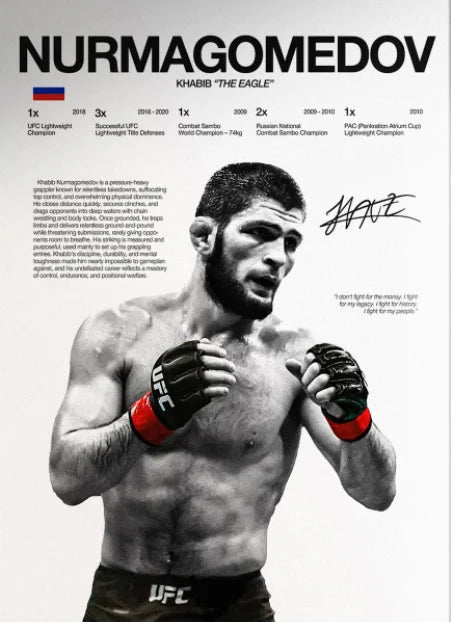 Black and white portrait of Khabib Nurmagomedov in a fighting stance wearing UFC gloves.
